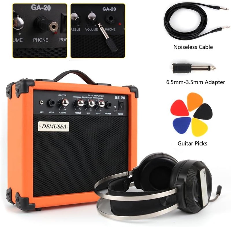 demusea 20W Watt Electric Orange Color Bass Guitar Amplifier Portable Travel Mini Practic Amp Headphone Jack Aux Treble Middle Bass MP3 with Cable Adapter Guitar Picks in - Image 4